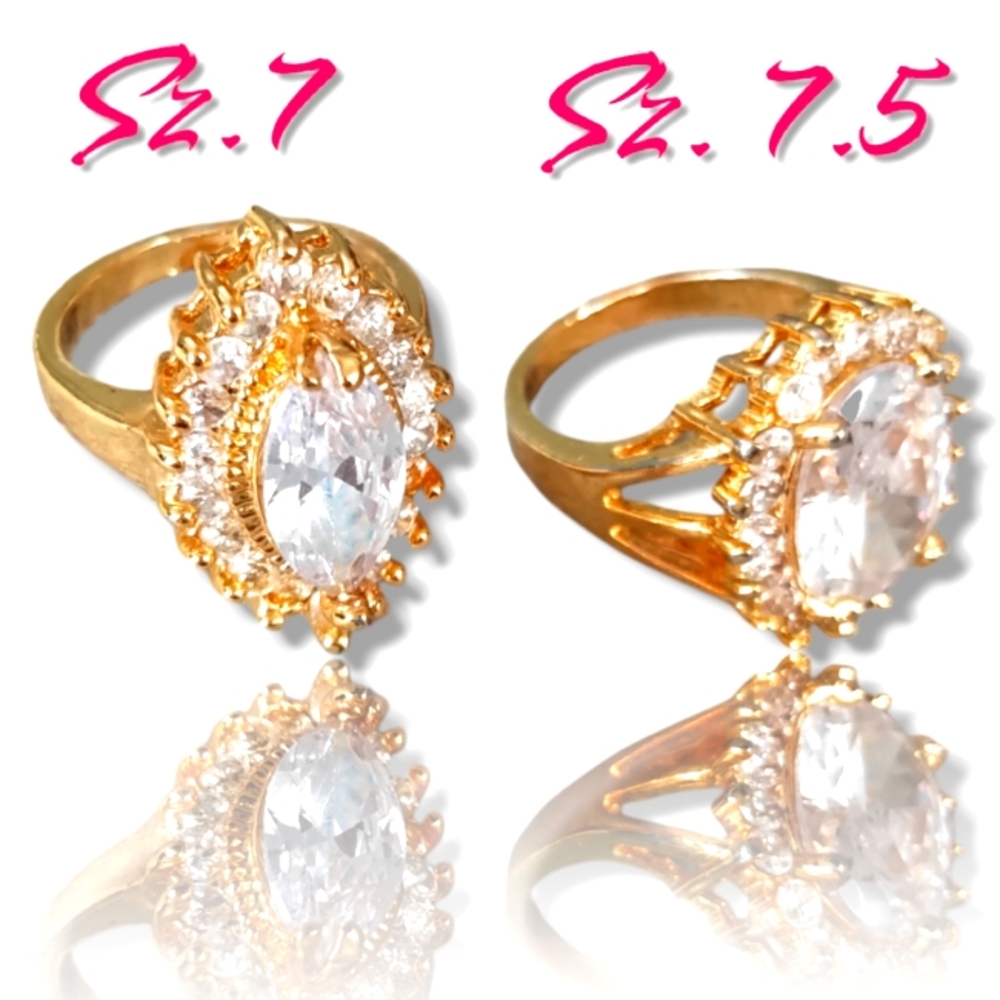 Two Beautiful Yellow Gold & Crystal Cocktail Rings Costume Jewelry Sizes 7 & 7.5